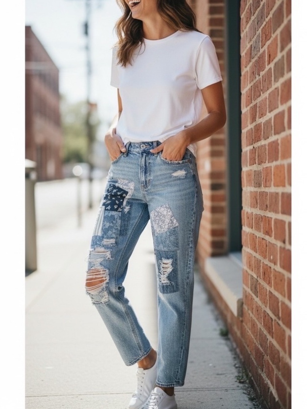 American Eagle Outfitters Light Blue Patchwork Boyfriend Jeans